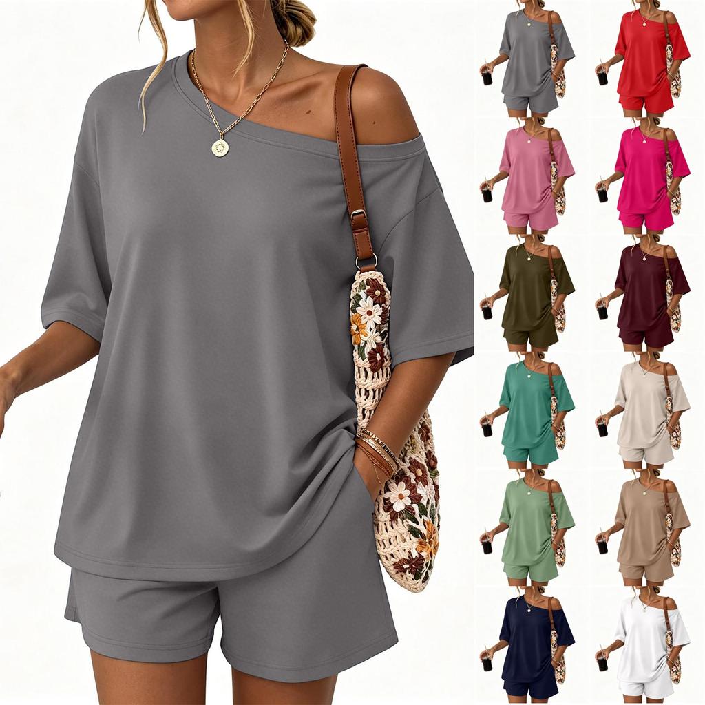 Women Casual Two Piece Set Short Sleeve Loose Fit Top and Elastic Waist Shorts Lightweight Lounge Wear Summer Outfit