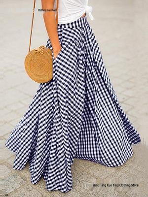 Korean-Japanese Style Elegant High Waist Plaid Midi Skirt for Women