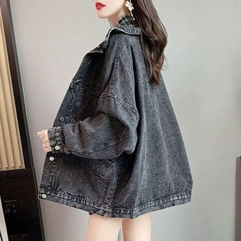 Smoky gray denim jacket women's loose plus size women's jacket denim clothes top Long Sleeve Button Women Outerwear