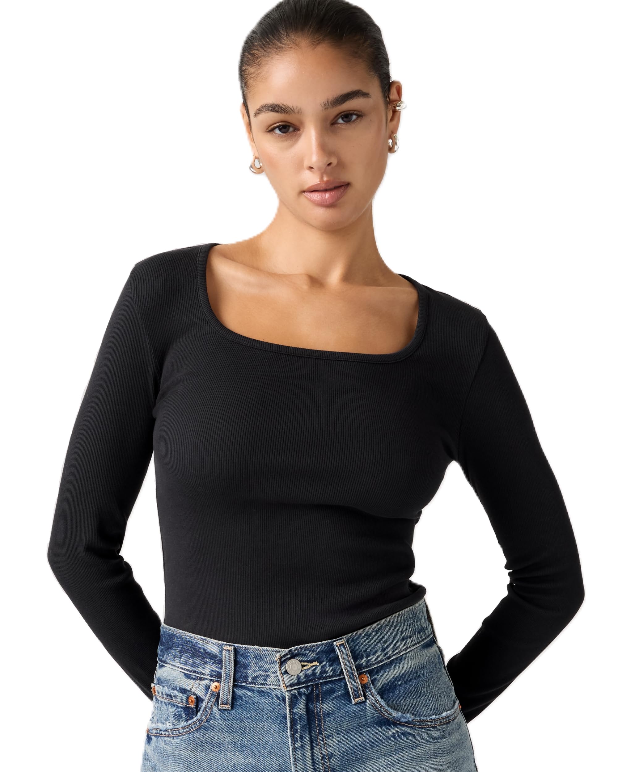 Levi s ESSENTIAL Square Neck Ribbed Cut and Sew Long Sleeve Women s 005IO-0000 US S