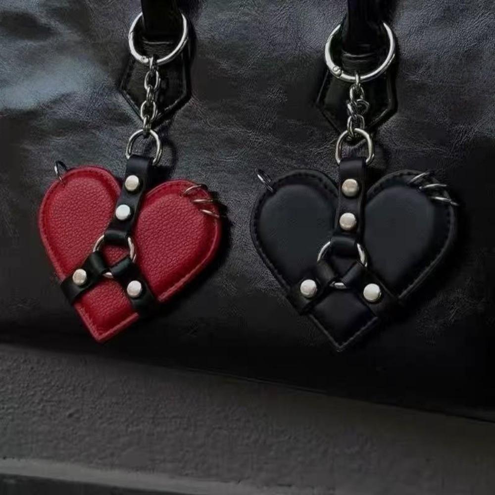 Gothic Leather Heart Keychain Y2K Bag Pendant Creative Rivet Heart Bag Charm  Birthday Gift