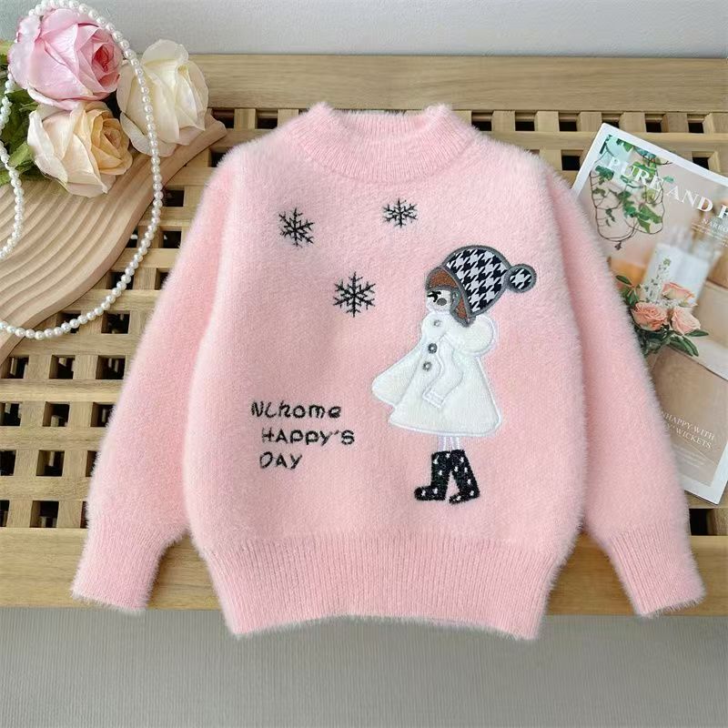 Autumn Winter Children's Sweater Pullover Girls' Round Neck Knitwear Mink Down Children's Long Sleeve Sweater