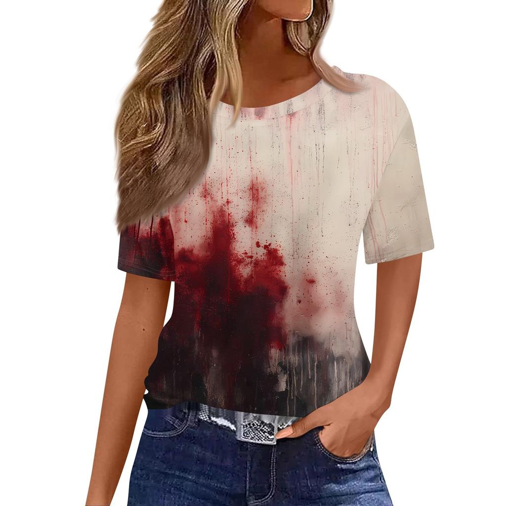 Modisches Lässiges Damen-Pullover-Oberteil mit Kurzarm und Halloween-Print, Rundhals