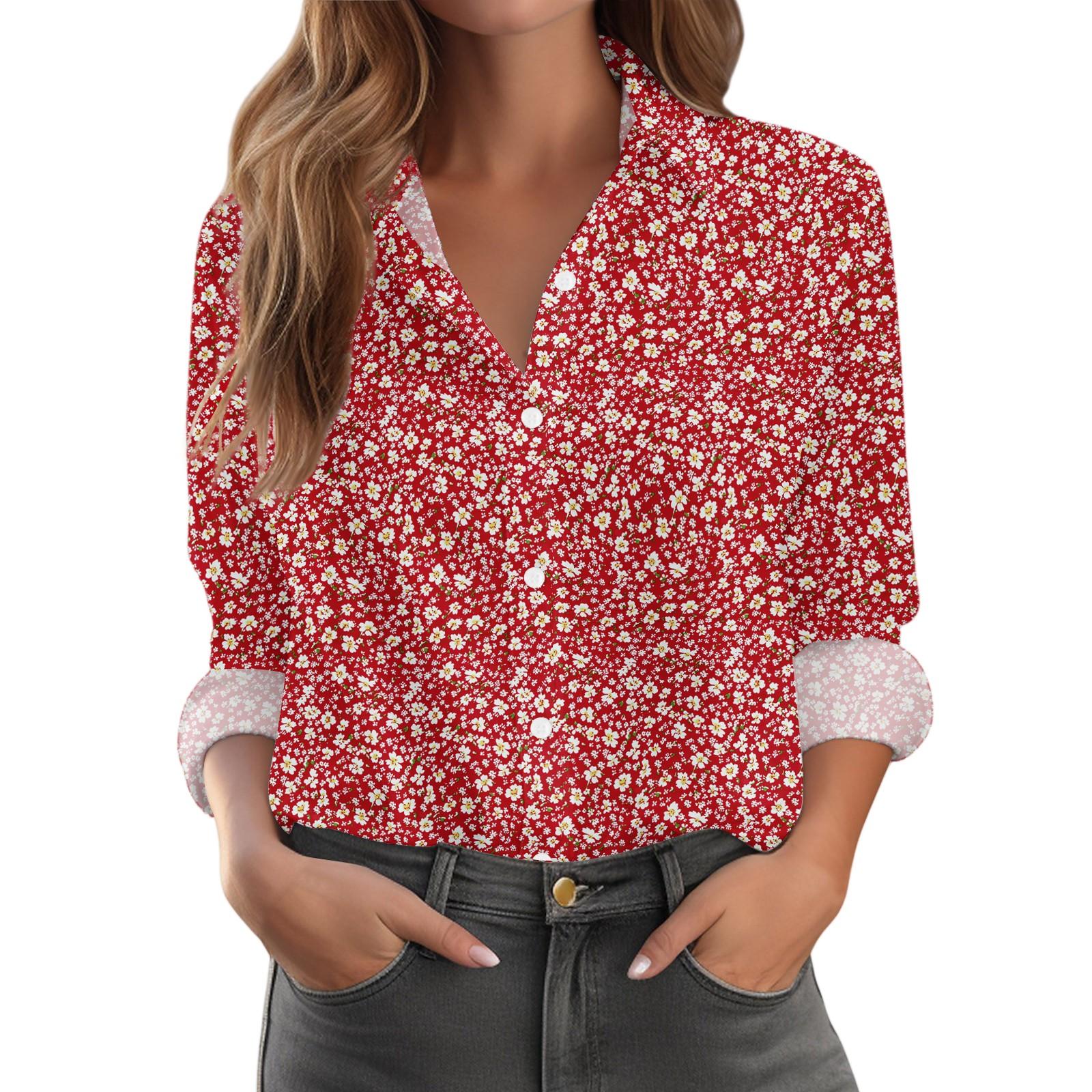 

Женская рубашка с пуговицами с цветочным принтом, повседневная рубашка с длинными рукавами, блузки, повседневные базовые топы больших размеров L винный
