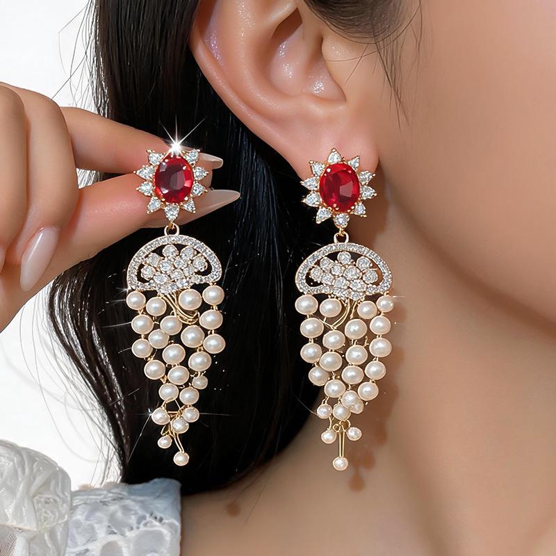 Gold-Plated Silver Zircon Flower Earrings with Tassel - High-End Vintage Style