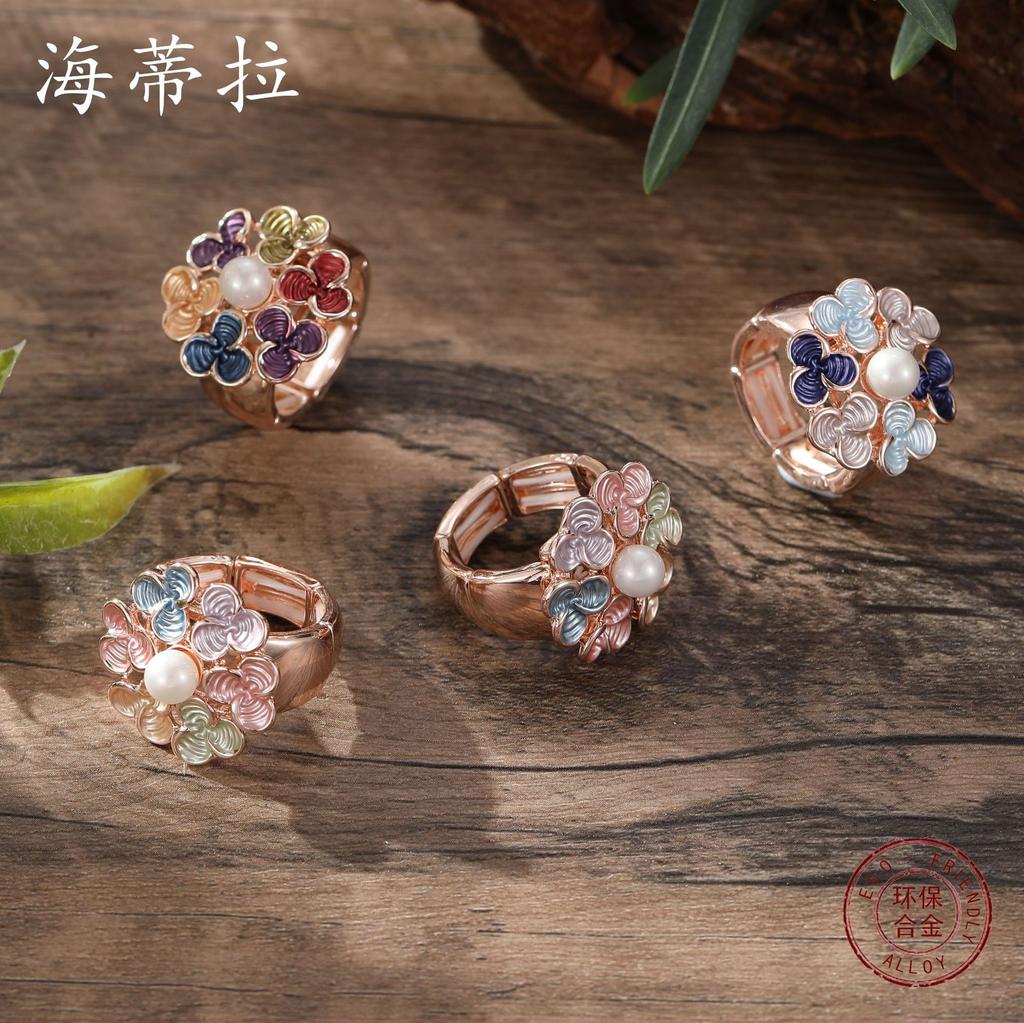 Color Painted Oil Clover Flower Ring Bracelet Set Small Fresh Ladies Versatile Ring Bracelet
