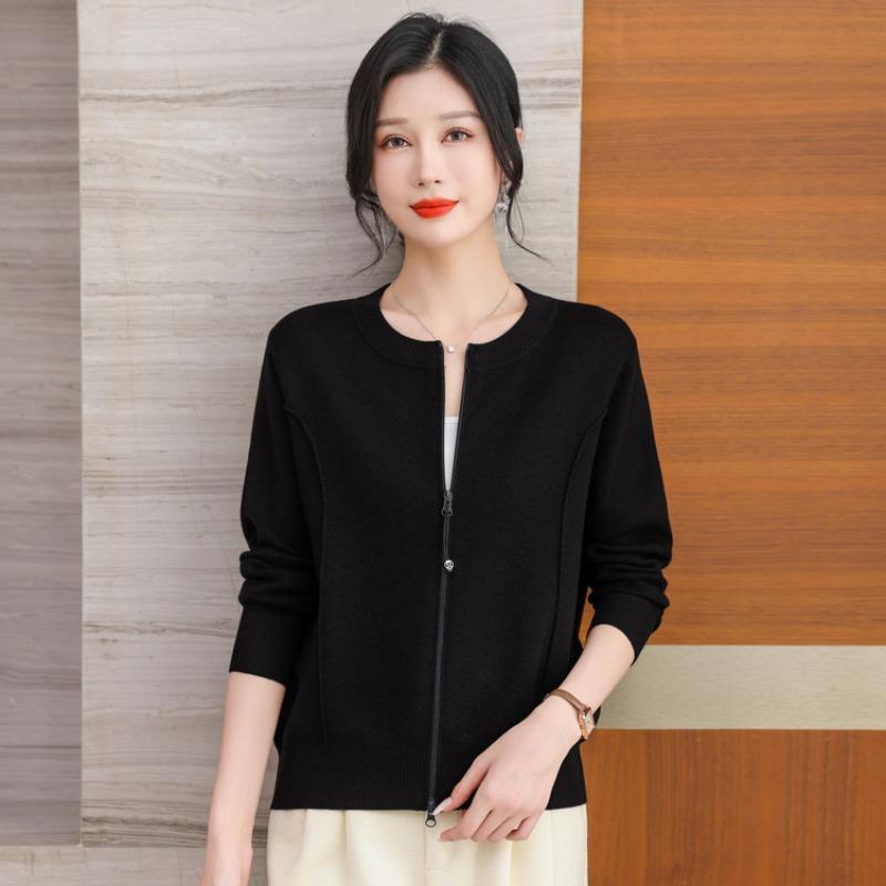 Spring new baseball jersey zipper top loose thin sweater crew neck knitted cardigan women's coat