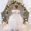 Rochie elegantă pentru copii cu mâneci bufante, broderii, o trenă și o fustă de prințesă pe straturi – perfectă pentru petreceri de ziua de naștere și ca rochie de domnișoară de onoare