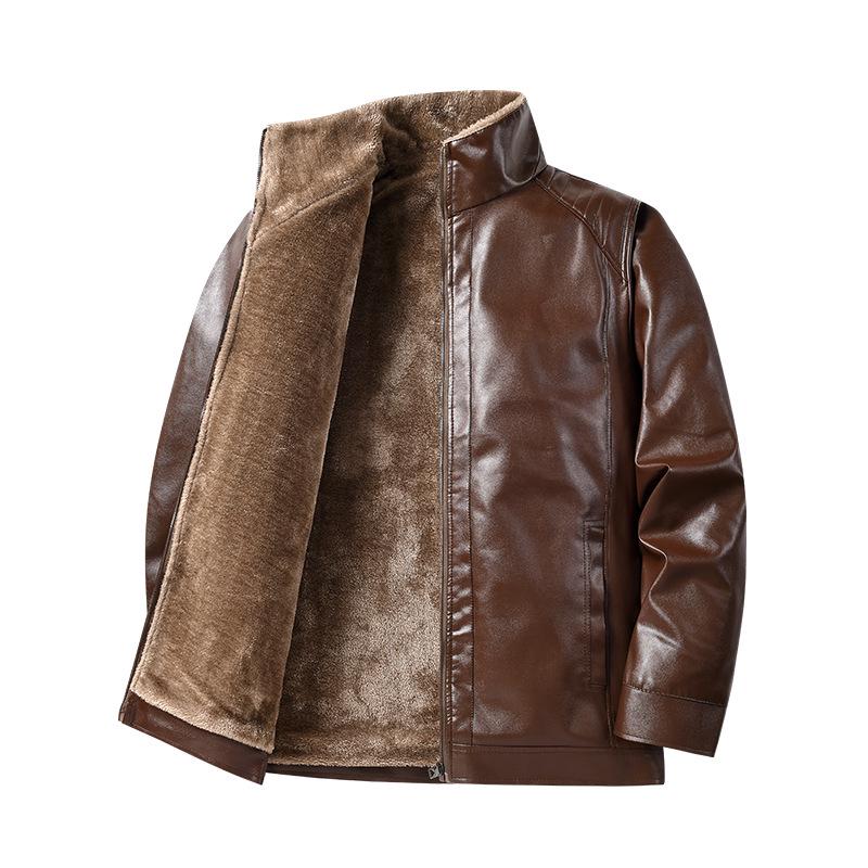 2025 Men's Windproof Leather Jacket - Solid Color, Stand Collar for Middle-aged & Elderly, Business Casual