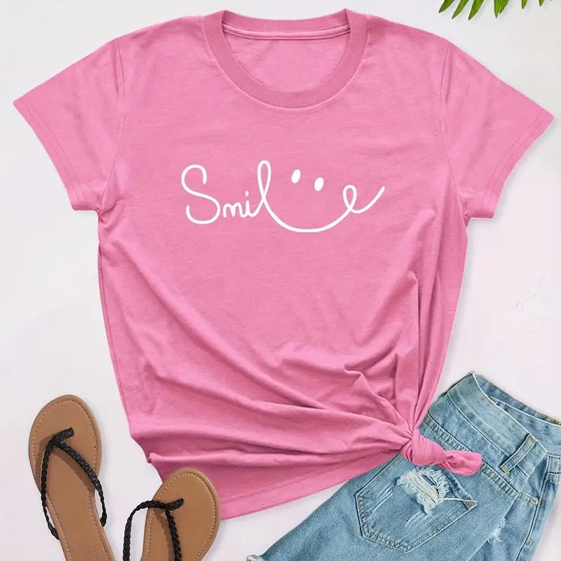 Women Summer T Shirt  Print Smiling Graffiti Short Sleeve Tees Casual   Printed  Tops