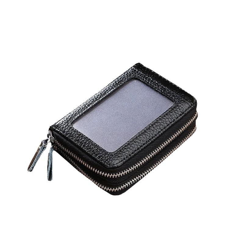 RFID Cowhide Leather Card Holder & Coin Purse with Double Zipper