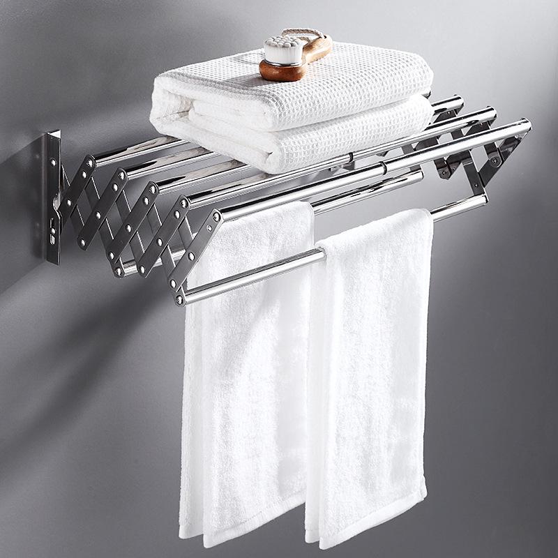 304 Stainless Steel Retractable Double/Single Bar Bathroom Towel Rack with Folding Storage