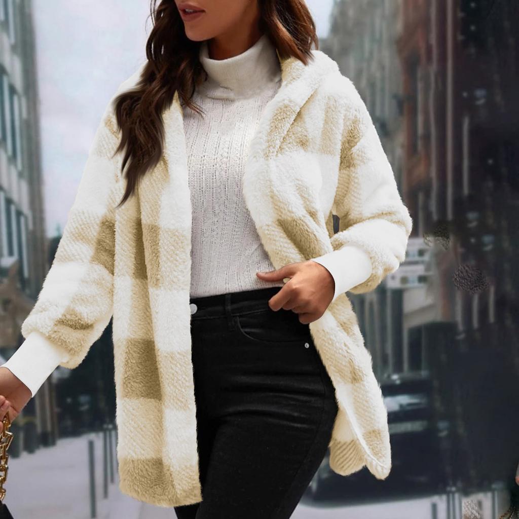 Women's Winter Warm Hooded Plaid Mid-Length Plush Cardigan Jacket