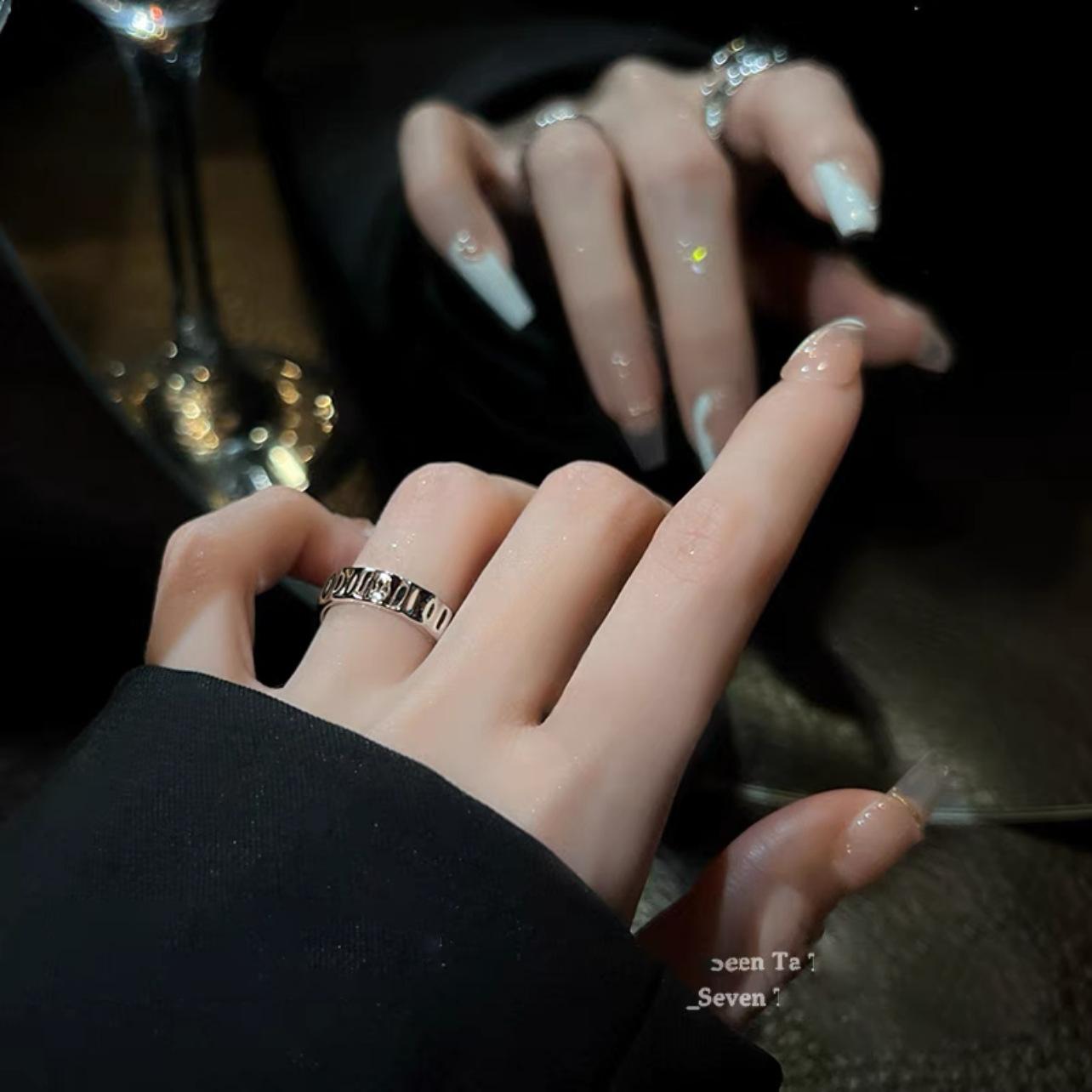 Geometric Coldness Style Ins Black Crystal Ring Niche Design Fashionable Personality High-end Sense Open Mouth Ring