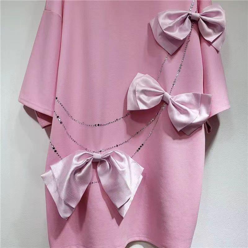 3D Bowknot Solid Cotton T-shirt Women Sweet Rhinestone O-neck Short Sleeve Shirts Female New Spring Fashion Design Tops