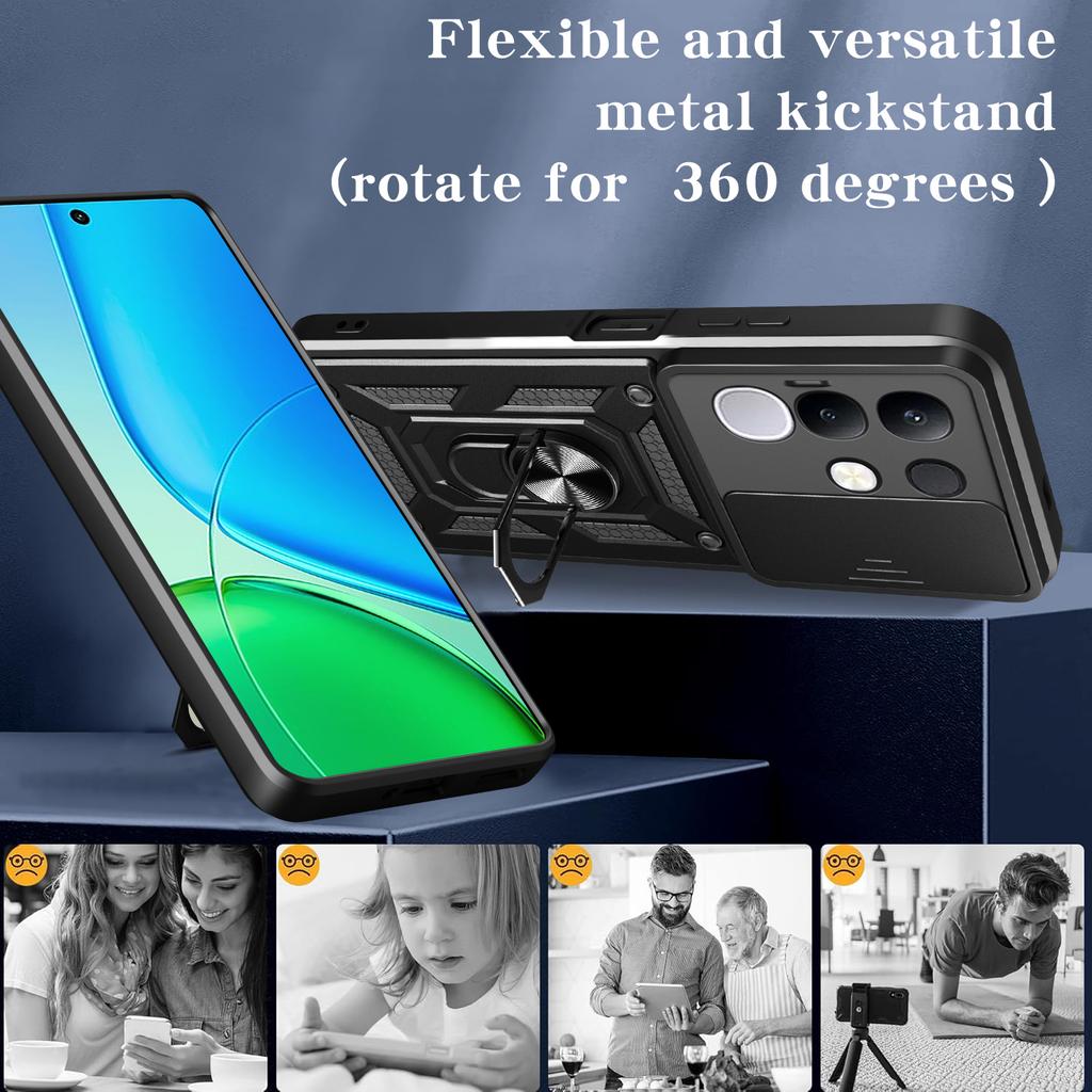 For Vivo Y29 4G Case with Slide Camera Lid PC+TPU Kickstand Phone Cover