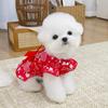 Hundekleid mit roter Schleife Herz-Aufdruck Flatterärmel Rüschensaum Haustier Kostüm Outfit Bekleidung für kleine Hunde Katzen