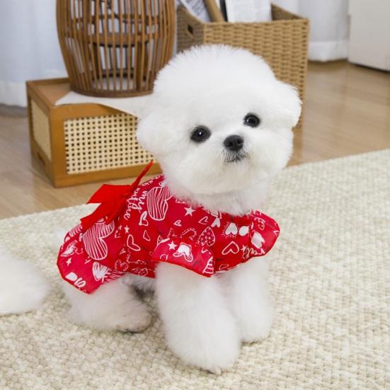 Hundekleid mit roter Schleife Herz-Aufdruck Flatterärmel Rüschensaum Haustier Kostüm Outfit Bekleidung für kleine Hunde Katzen