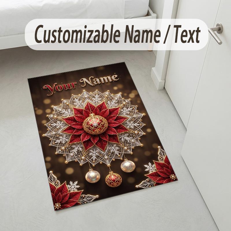 Christmas Theme Crystal Velvet Rug Personalized Custom Name Text Soft Floor Mat Home Decor