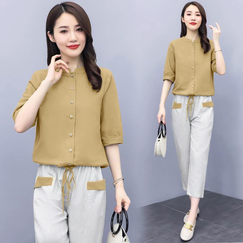 Damen Frühling Sommer Herbst Hautfreundliche Dünne Abdeckung Fleischknöpfe Hemden + Lässige Weite Beinhose Übergröße Zweiteiliges Set