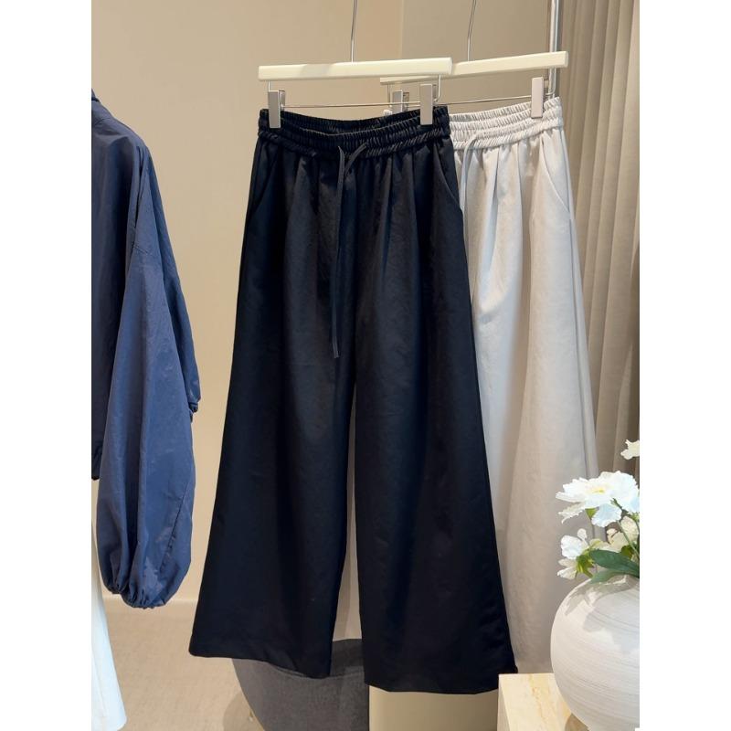 Elastic waist lace-up casual pants women's autumn new solid color loose and thin versatile simple straight wide-leg pants