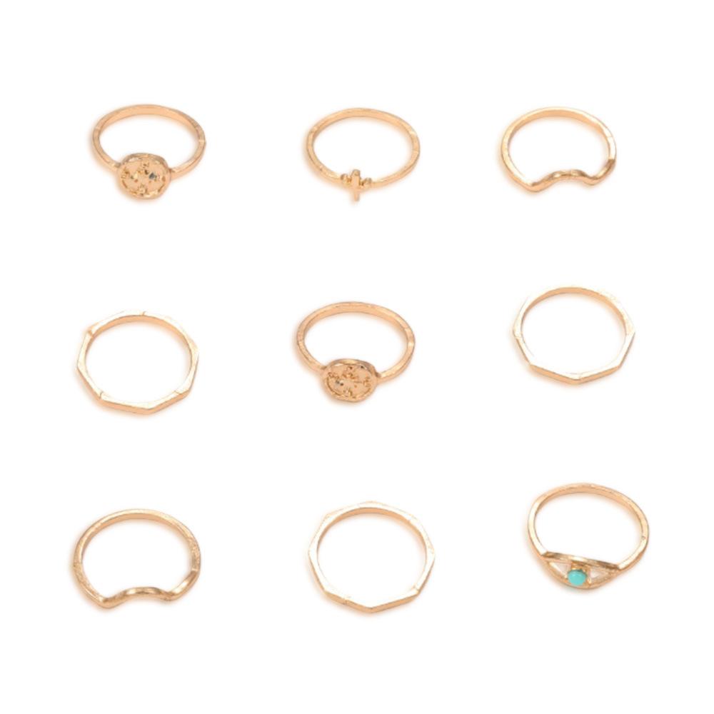 Set Ring, Stylish And Simple Wave Cactus Gold 9-Piece Set Ring Jewelry.
