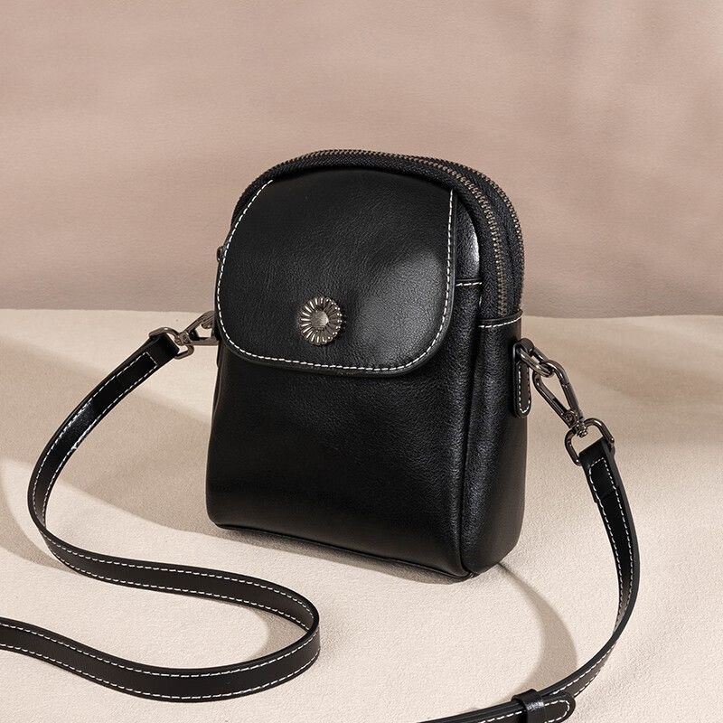 

High-End Genuine Leather Fashion Vertical Multi-Layer Mobile Phone Bag Black