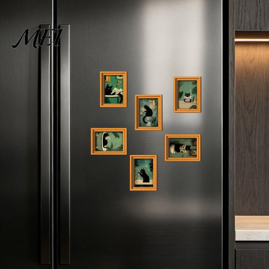 Flexible Magnetic Picture Frames for Fridge Funny Wooden Magnets Frame, Retro Cute Cat in Bathroom Soft Photo Display Set Refrigerator Locker