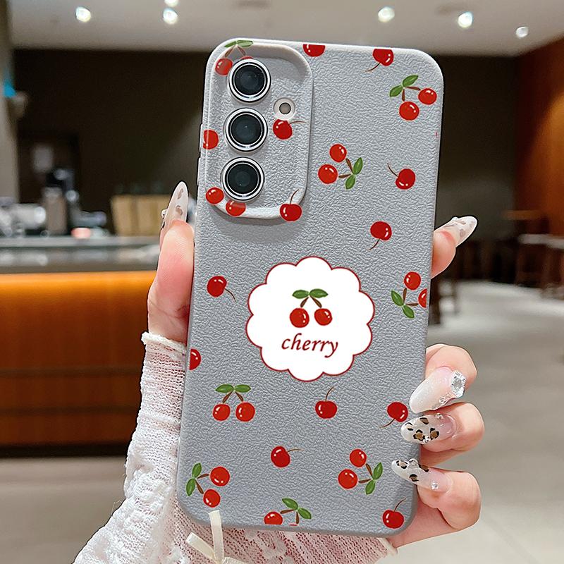 Cute Cherry Print Matte TPU Leather Texture Phone Case For Samsung S25 Ultra S24 FE S23 S22 S21 A56 A36 A16 A55 A35 A26 A15 Shockproof Soft Slim Cover
