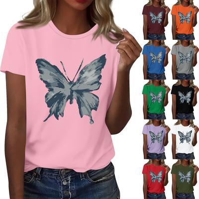Ladies' Loose Comfortable Casual Fashionable Butterfly Print Round Neck Short Sleeved Shirt