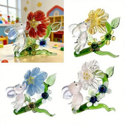 Miniature Glass Flower Figurine Collectible Hand Blown Flower with Mouse Table Ornament Gift