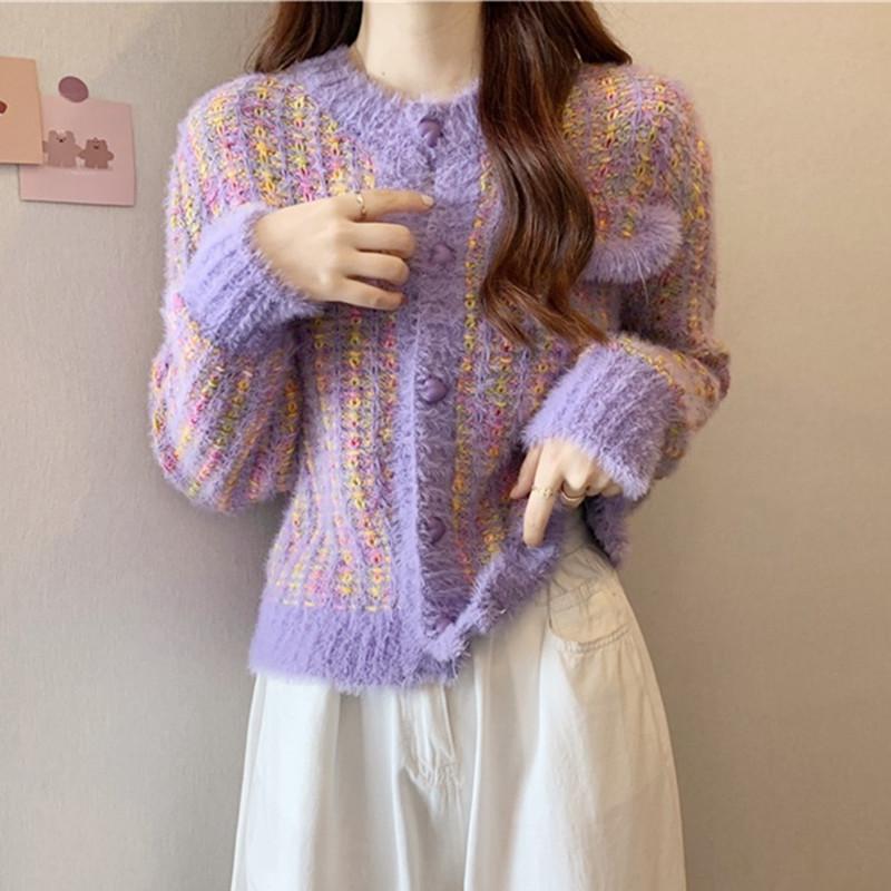 

Короткий вязаный кардиган, женская осенняя контрастная кофта-свитер one size фиолетовый