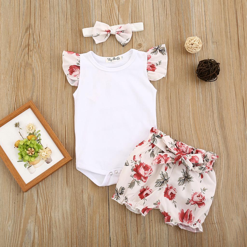 

Toddler Baby Kids Girls Short Sleeve Romper Floral Print Shorts With Headband Sagit