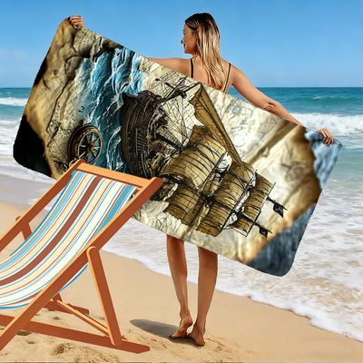 Vintage Ship On Nautical Map A Must-have Beach Towel for Beach Travel