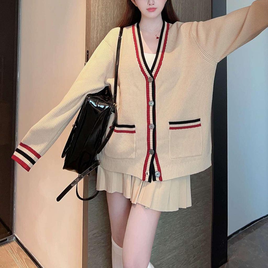 Spring Autumn Women's Japanese Style Wool V-Neck Knit Cardigan - College Style, Age-Reducing, Color Block Sweater Coat