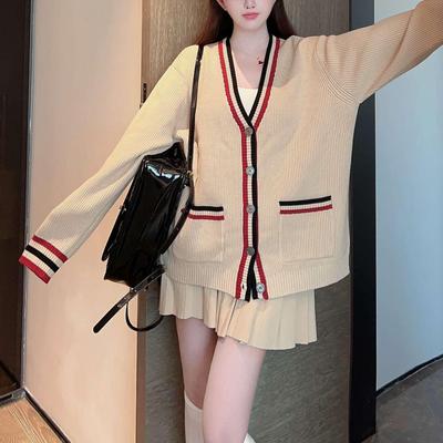 Cárdigan de Punto de Lana con Cuello en V de Estilo Japonés para Mujer Primavera Otoño - Estilo Universitario, Rejuvenecedor, Abrigo Suéter de Bloques de Color