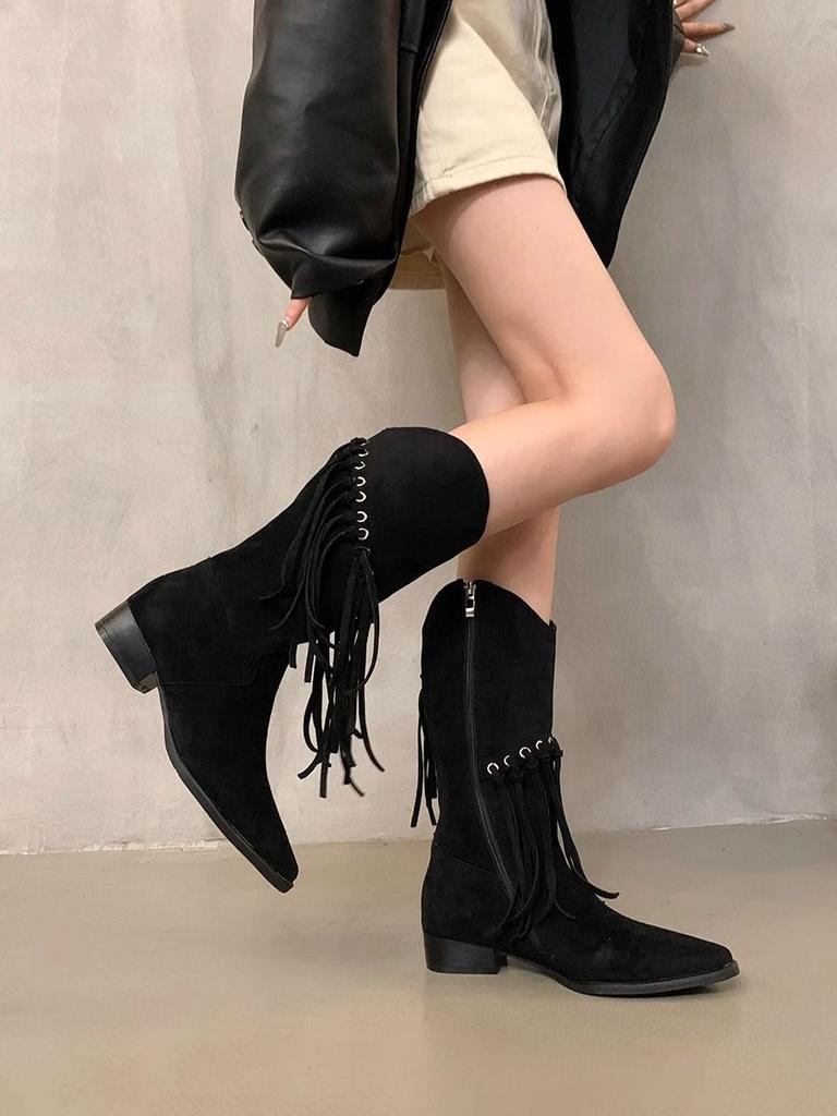 Elegant With Low Heels Pointed Toe Tassel Half High Boots For Women Spring Autumn Mid Calf Shoes Woman Large Size Chic Boot