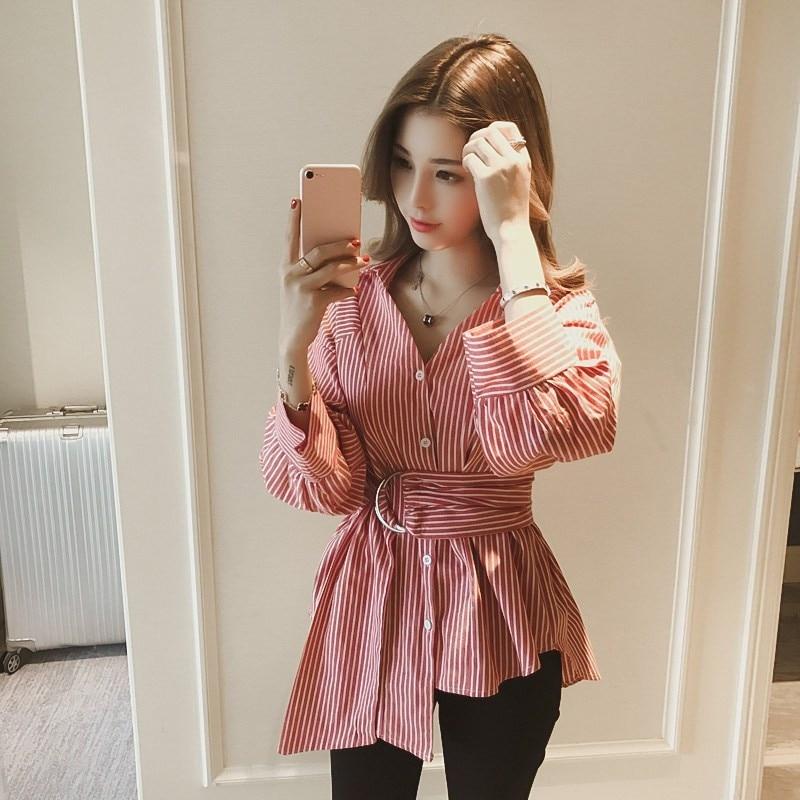 Autumn Korean Ulzzang Womens Plus Size V-Neck Tops and Blouses Ladies Casual Oversized Long Sleeve Striped Shirts Blusas Mujer