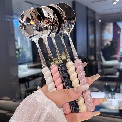Stainless Steel Girl Pearl Four-color Imitation Ceramic Handle Stainless Steel Spoon Household Long Handle Spoon Eating Color