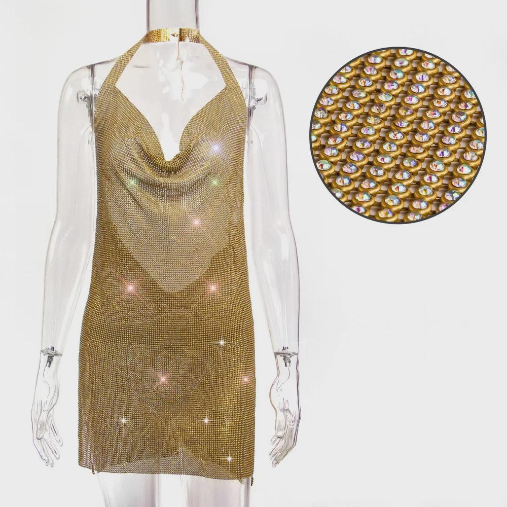 Rhinestone Spaghetti Strap Deep V Backless Nightclub Dress YX1401