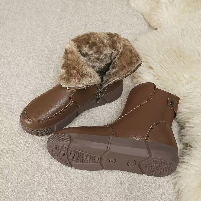 Women's Winter Leather Big Size Flat sole Snow Boot Thick Sole Non Slip Round Toe High Top Waterproof Plush Warm Cotton Boots