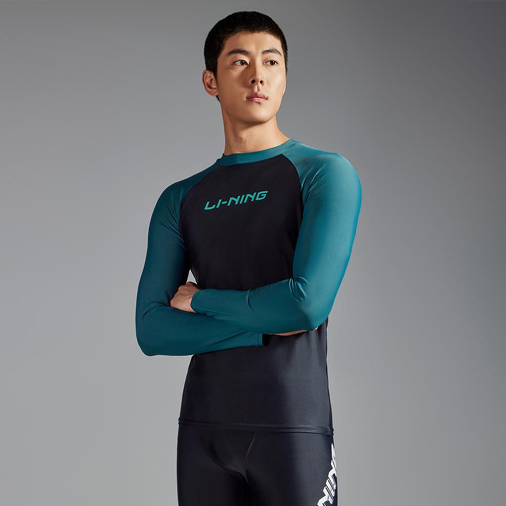 Li Ning Swimming Series Letter Round Neck Pullover Long Sleeve Swimsuit Men swimsuit Balm-Green Black ASLT085-3