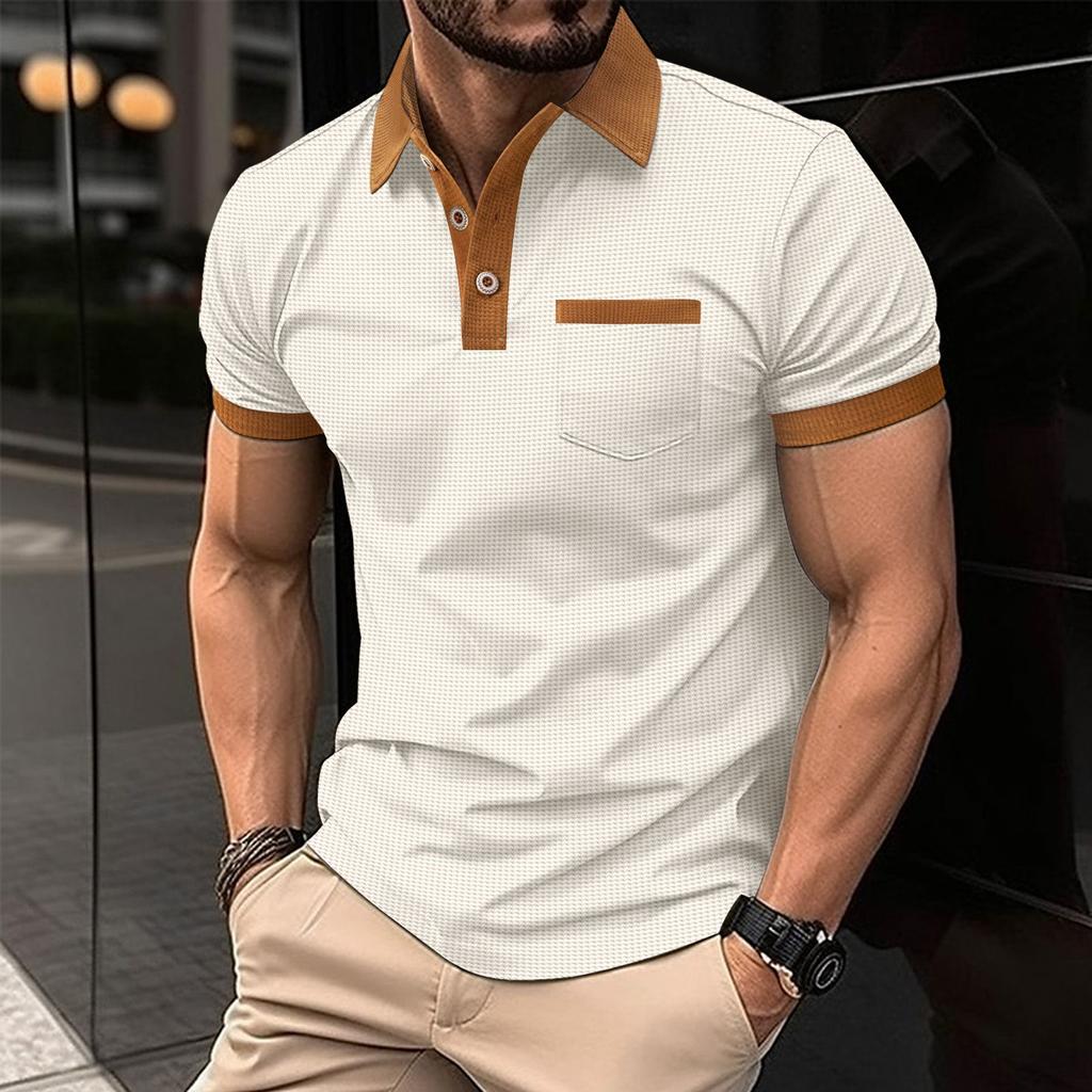 Neues Herren-Poloshirt mit farblich abgesetzter Brusttasche, kurzärmiges T-Shirt-Top mit Knopfleiste