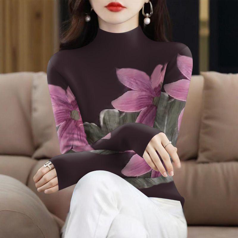 Plus Velvet Thickened Long Sleeve High Collar Printed Top for Middle-aged & Elderly Women – Tummy Covering, Spring/Autumn Fashion