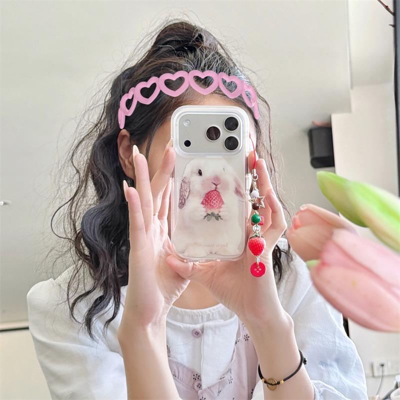 Adorable Bunny Strawberry Pendant for iPhone 14, 15, 16 Pro Max Cases - Perfect for Girls
