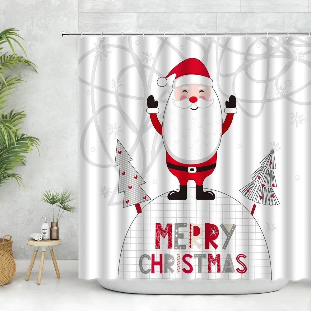 Unframed Cartoon Snowflake Snowman Shower Curtains Set Merry Christmas Deer Pine Tree Santa Claus New Year Bathroom Decor Fabr