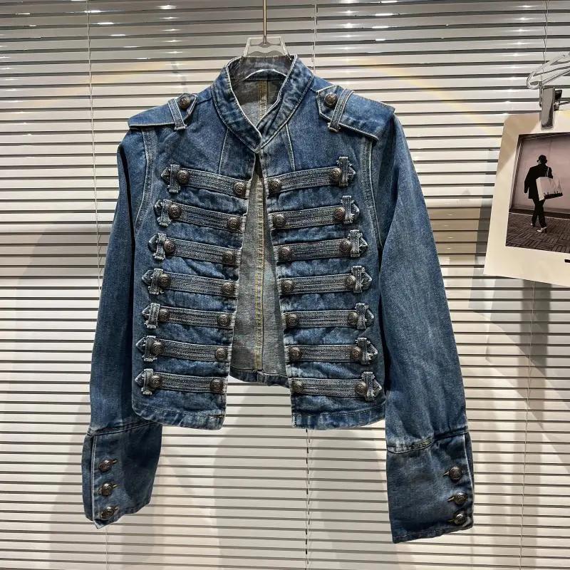 Women Spring Autumn Fashion Tops Classical Metal Rib Buckle Korean Style High-end Design Shoulder Straps Washed Denim Short Jacket
