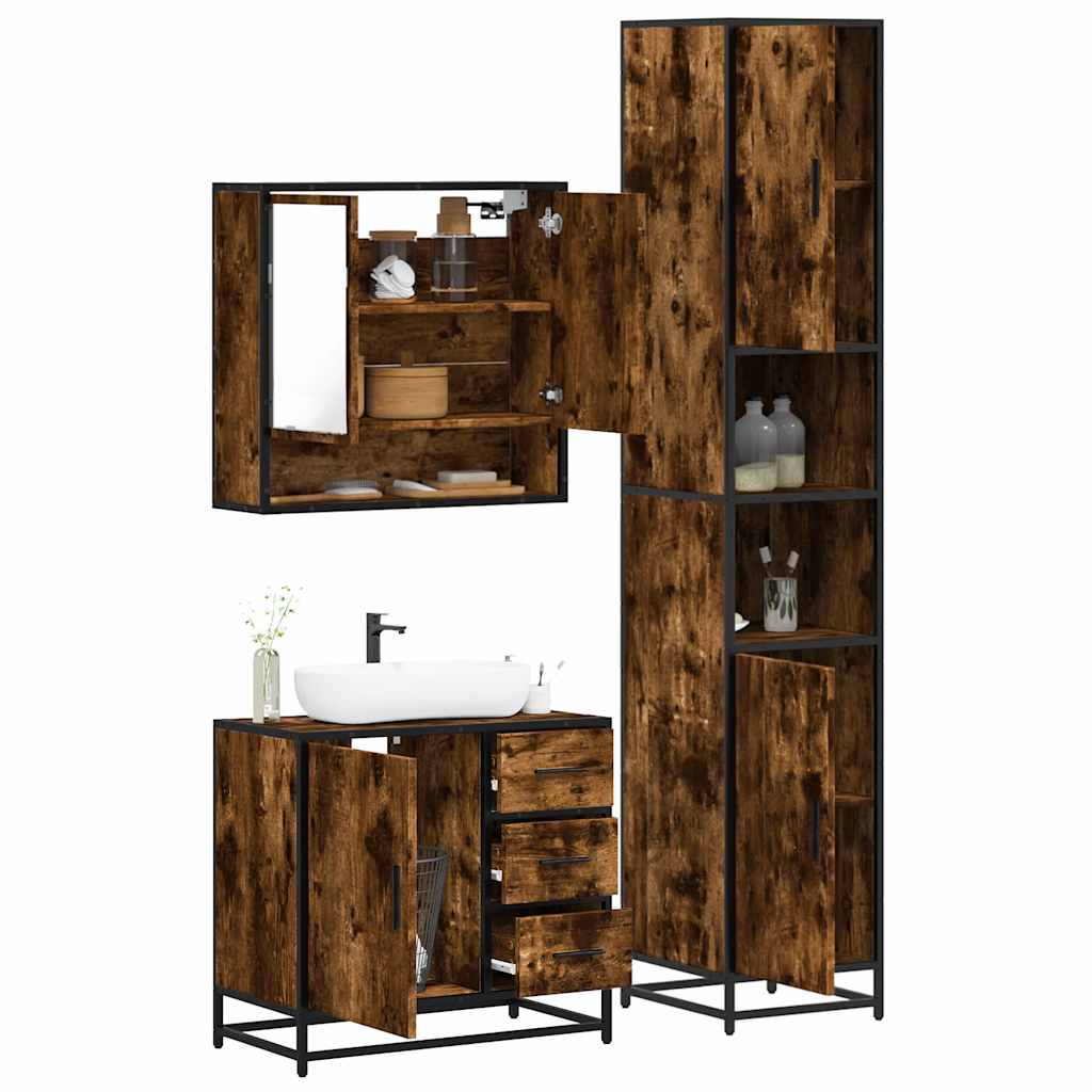3 Piece Bathroom Furniture Set Smoked Oak Wood Based Material