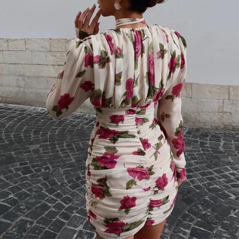  women's clothing summer new, cross-border European and American hot sale, fashionable and elegant printed pleated V-neck slim dress