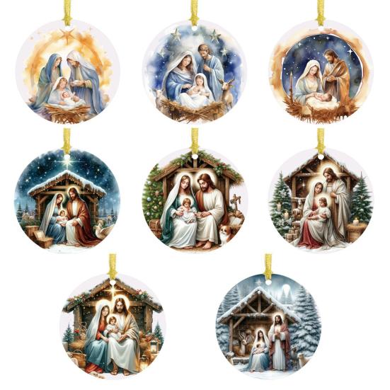 Nativity Night Ornament Round Acrylic Birth of Jesus Christ Hanging Decoration Religious Themed Christmas Keepsake for Winter Xmas Tree Decor